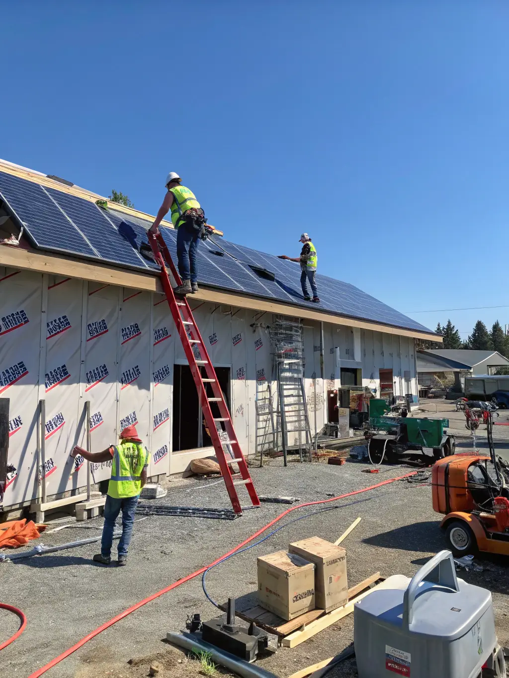 A construction site with workers installing energy-efficient systems in a building, representing Hatcher Construction's commitment to sustainable building practices.