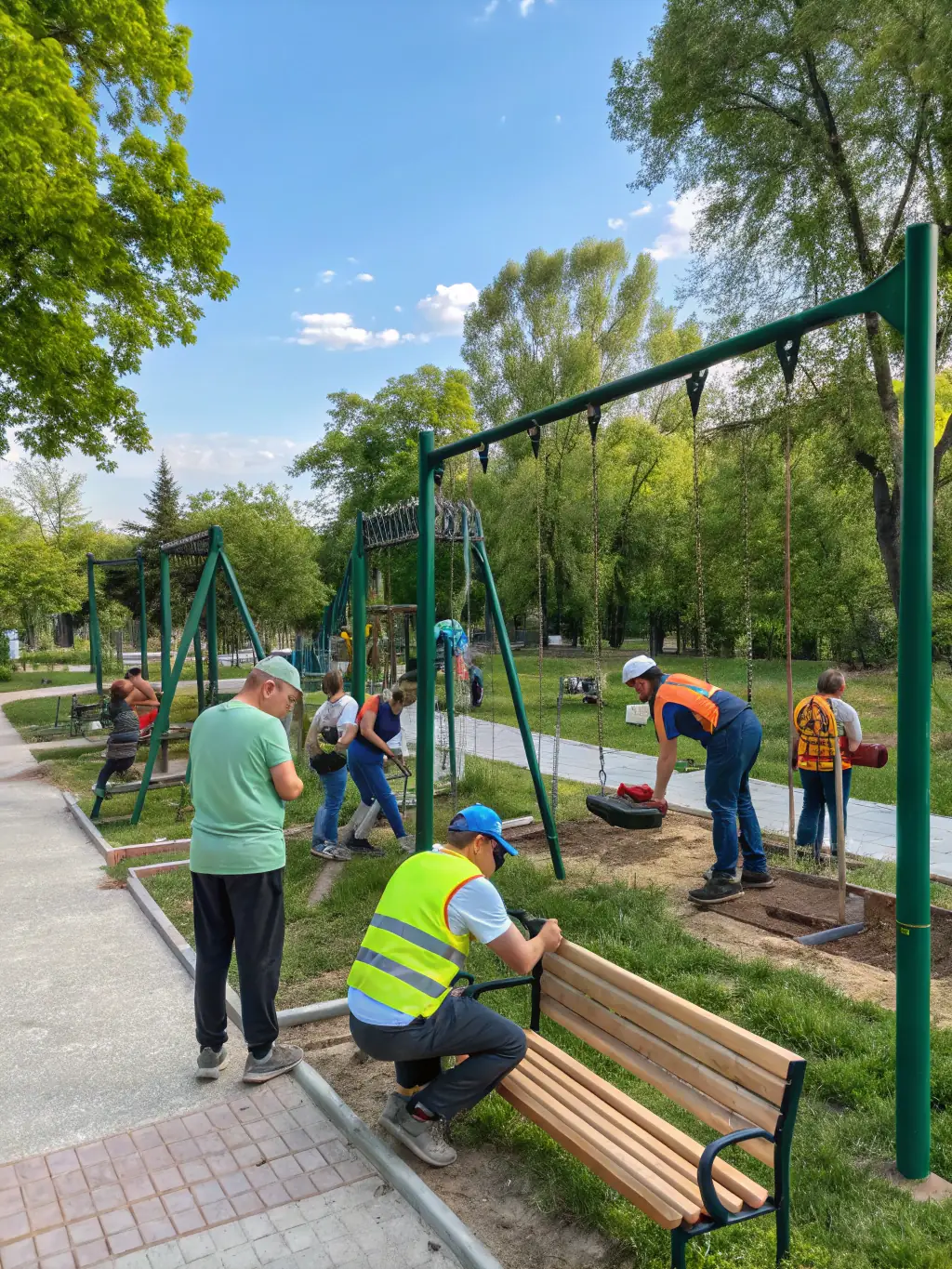 A public park with new pathways and playground equipment under construction, highlighting Hatcher Construction's public works and infrastructure capabilities.