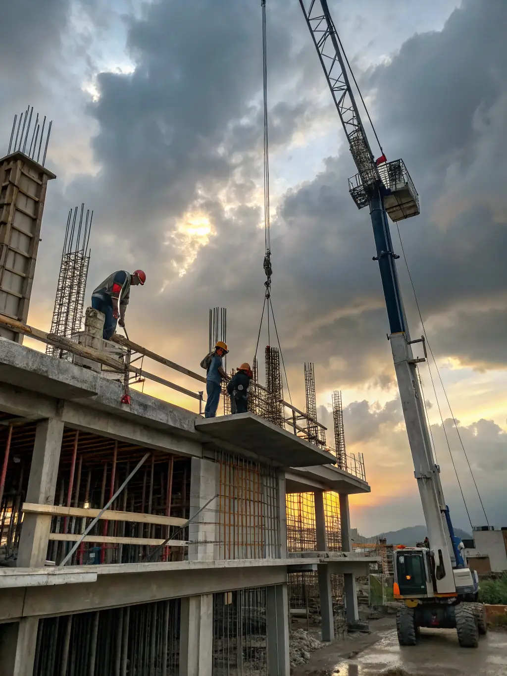 A modern commercial building under construction with cranes and workers on-site, representing Hatcher Construction's commercial construction services.