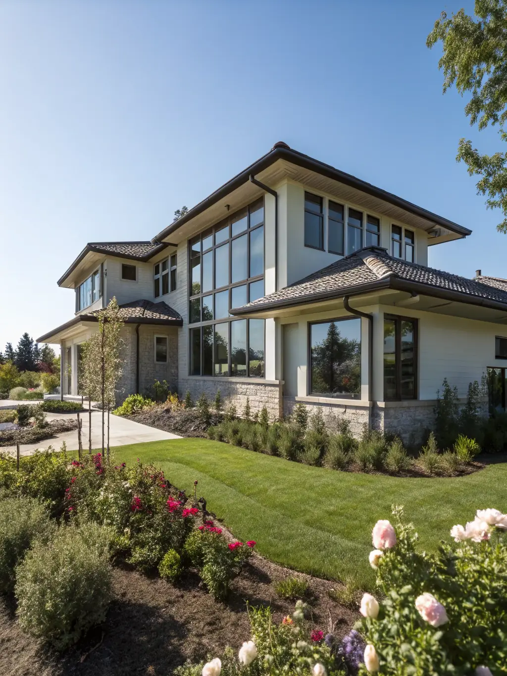 A beautiful modern home with a landscaped yard and construction workers finishing the exterior, showcasing Hatcher Construction's residential construction expertise.